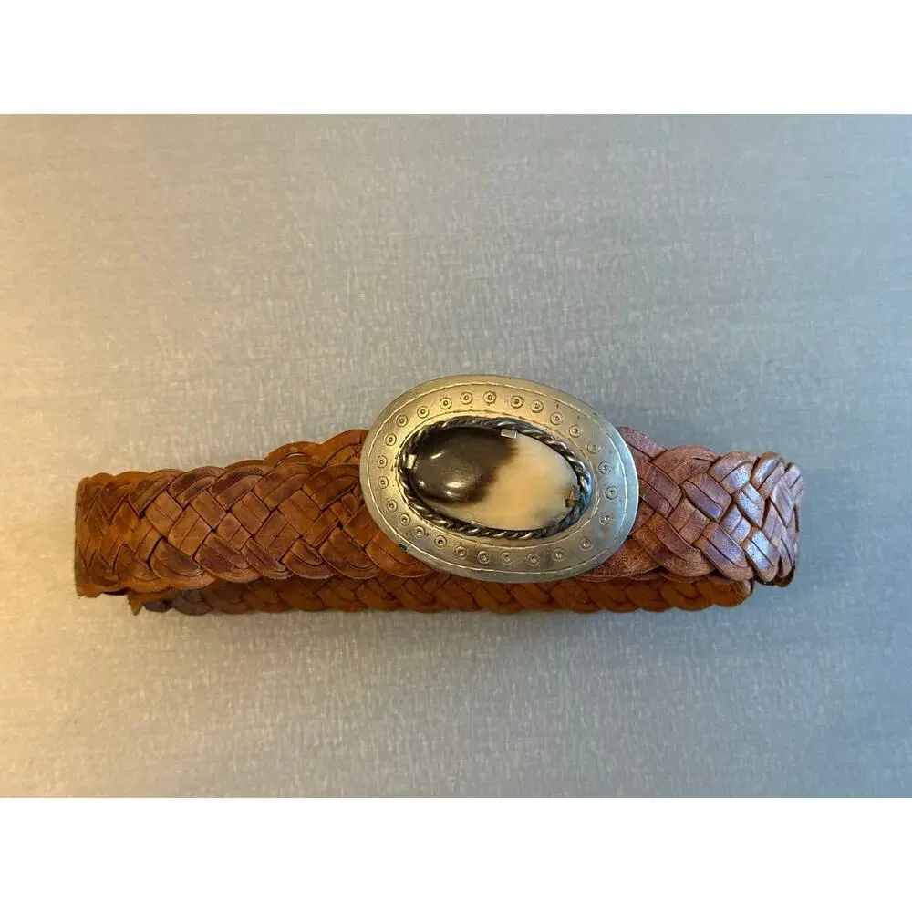 Chico's Vintage Braided Leather Belt Western Silver Agate Stone Buckle Boho M/L
